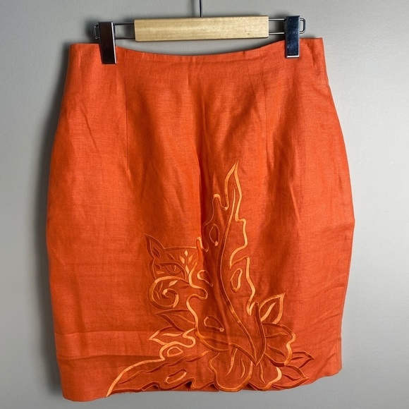be Women's Burnt Orange/Coral Embroidered Linen Skirt + Blazer Suit‎ Set Size 8 - Picture 6 of 16